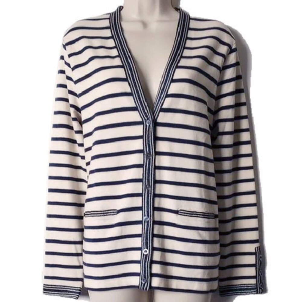 NWOT J Crew Striped Knit Cardigan L Navy Cream Metallic Trim